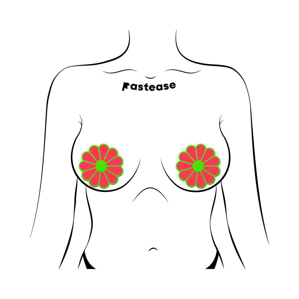 Pastease Daisy: Neon Green & Glow-in-the-Dark Neon Pink Petal Pasties Nipple Covers - Image 2