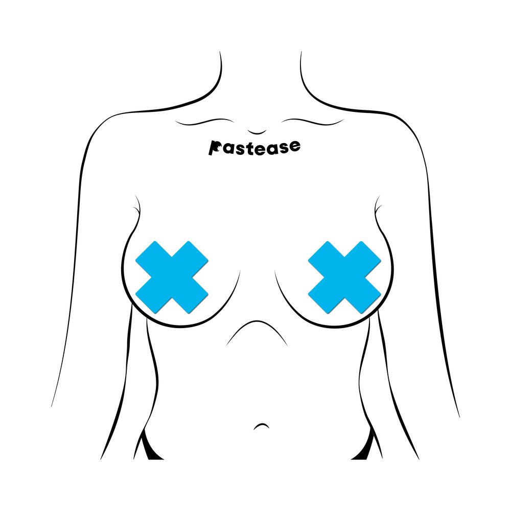 Pastease Plus X: Glow-in-the-Dark Neon Turquoise Cross Pasties Nipple Covers - Image 2
