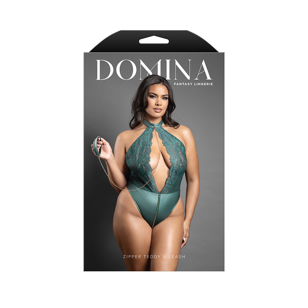 Fantasy Lingerie Domina Keyhole Halter Teddy with Detachable Chain-Link Leash Pine Green Queen Size