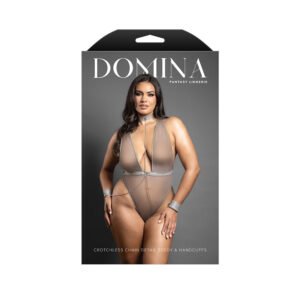 Fantasy Lingerie Domina Crotchless Plunge Teddy with Chain-Link Choker & Detachable Cuffs Gray Queen Size