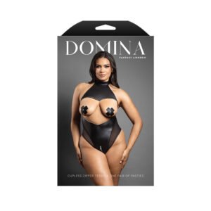 Fantasy Lingerie Domina Cupless High-Neck Halter Teddy with Zipper Detail & Pasties Black Queen Size