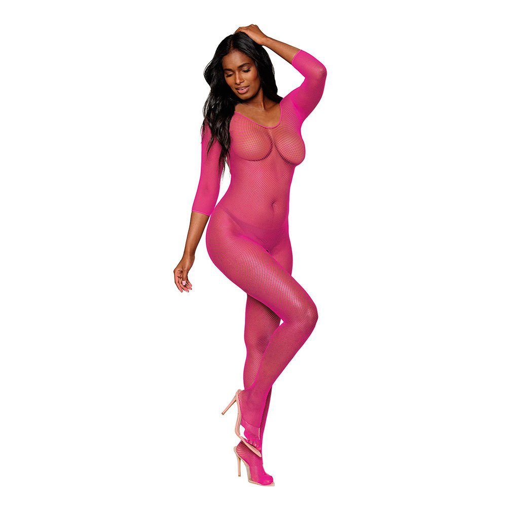 Dreamgirl Three-Quarter Sleeve Fishnet Bodystocking Open-Crotch Neon Pink O/S