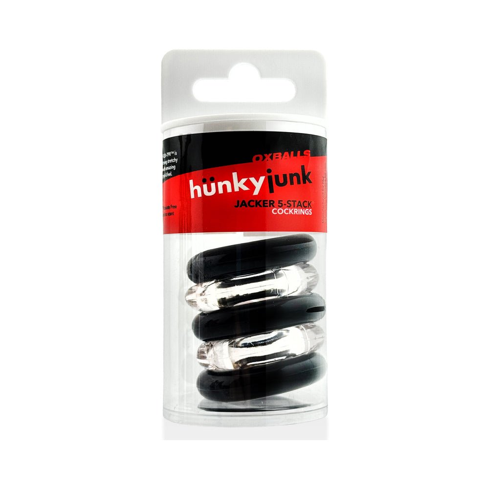 Hunkyjunk Jacker 5-Stack Five-Pack Tube Super-Strong Cockrings Clear/Black - Image 5