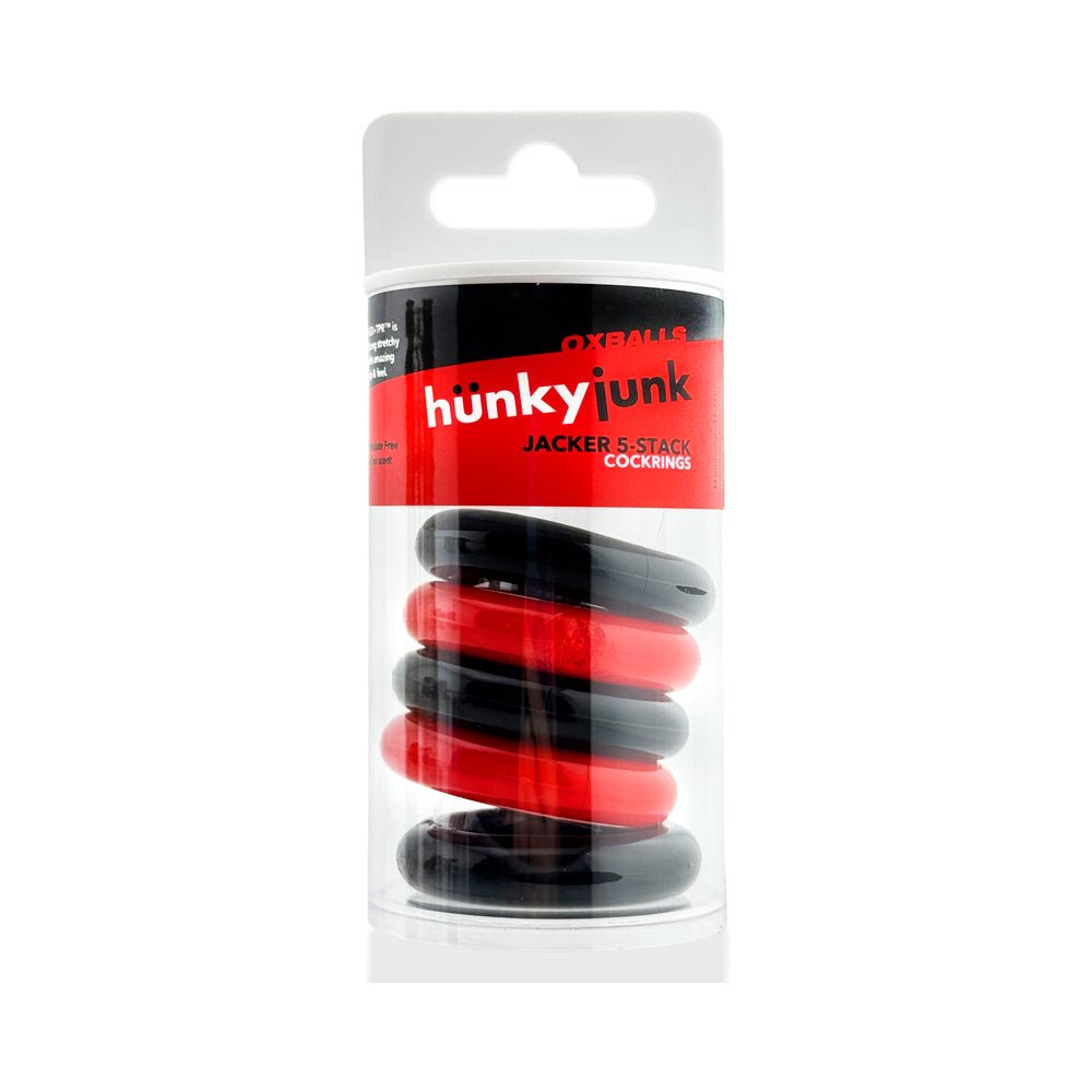 Hunkyjunk Jacker 5-Stack Five-Pack Tube Super-Strong Cockrings Red/Black - Image 5